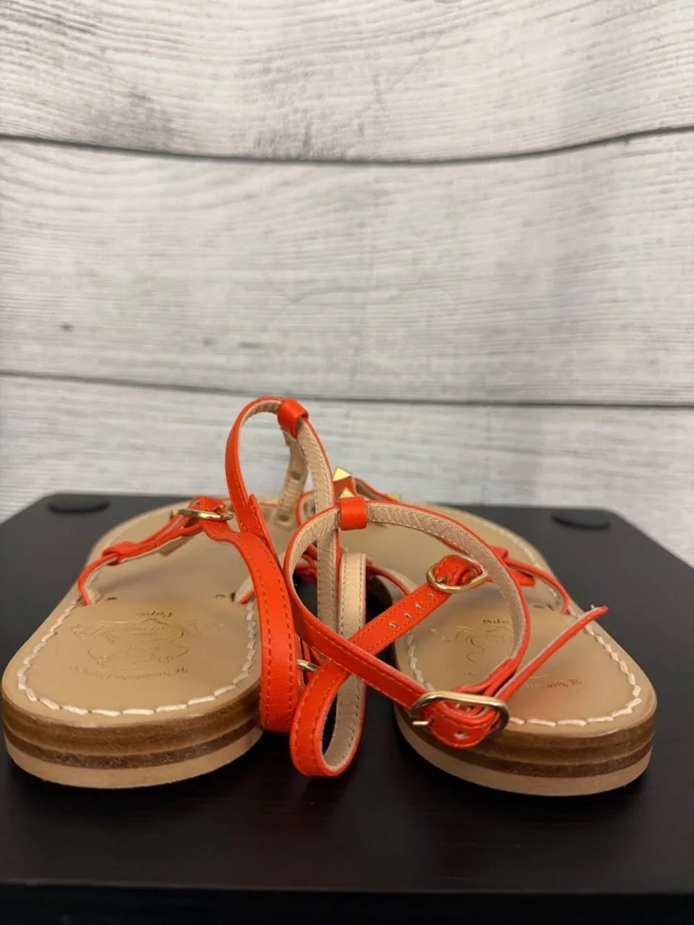 Il Sandalo Caprese Le Salentine Vacchetta Orange Leather Studded Flat Sandals Si